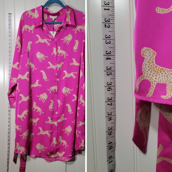 NWT Skies are Blue Curvy Pink Animal Cheetah Print Button Down Satin Shirt Dress - Picture 11 of 13